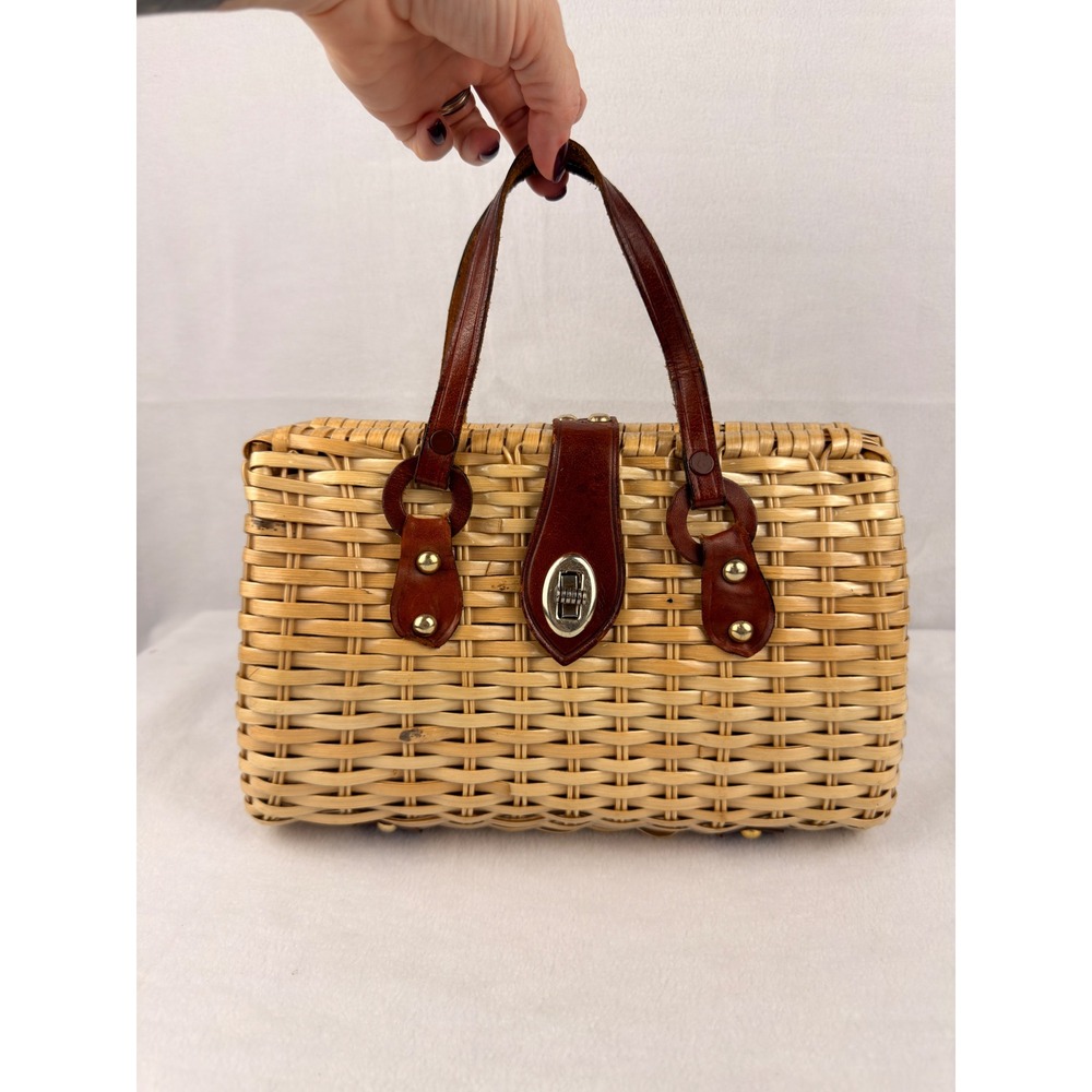 Vintage 50s/60s Wicker Handbag Leather Trim Handle Straw Bag Hong Kong